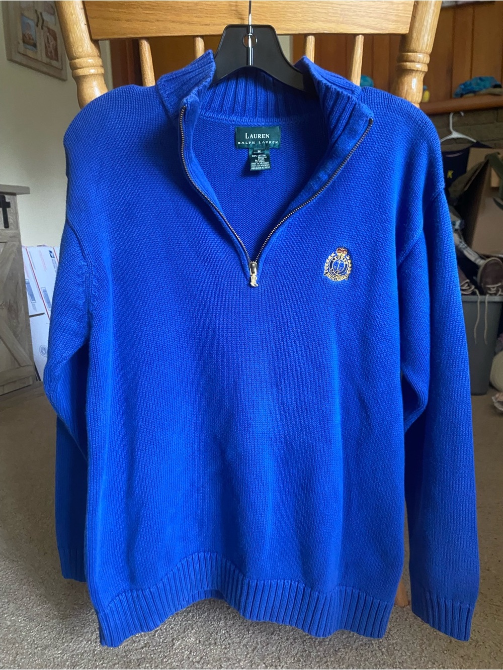 Lauren Ralph Lauren Women's Royal Blue Quarter Zip Knit Sweater Crest Logo M